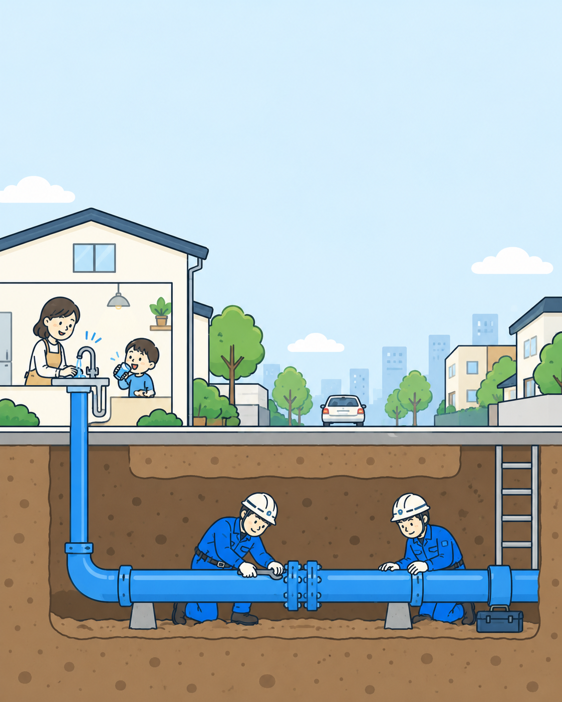 地上の家や道路で営まれる暮らしと、その地下で水道管を整備する作業員