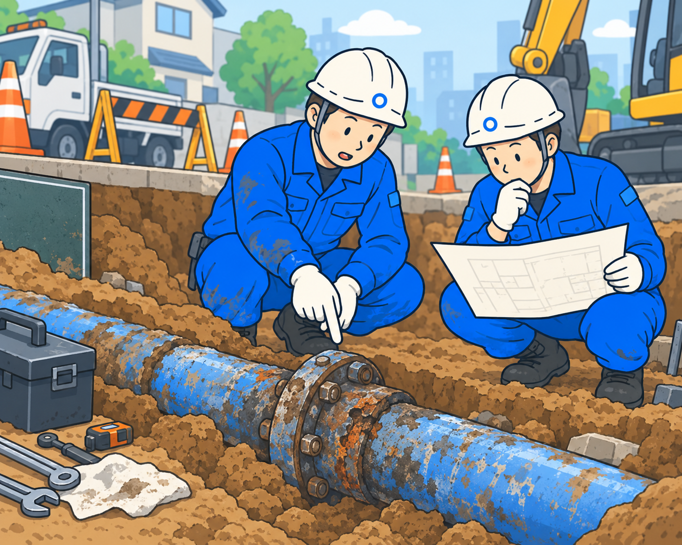 傷んだ水道管の継ぎ手を指し、仲間と図面を照らし合わせて対応を相談する作業員たち