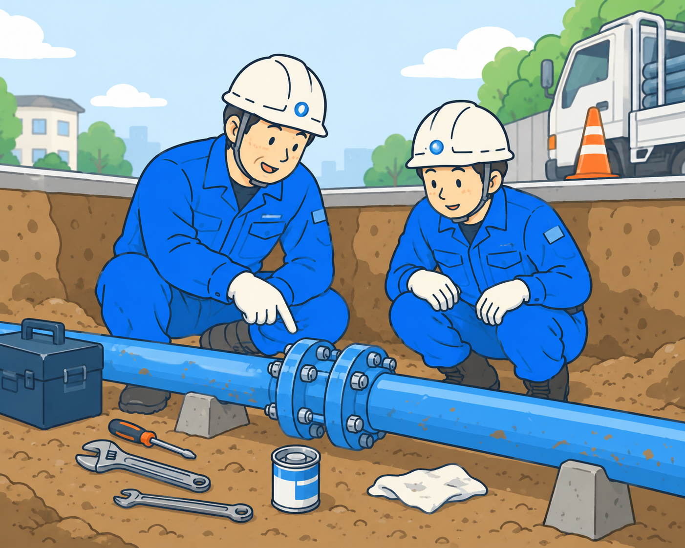 先輩が水道管の継ぎ手を指し、新人が隣で説明を聞いているイラスト