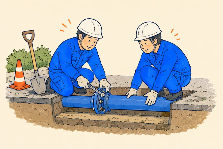 仲間と協力して水道管を整備する作業員のイラスト